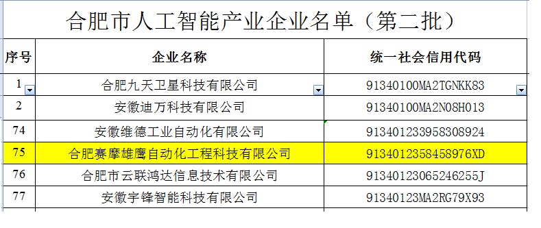 350vip浦京集团雄鹰被收入“合肥市人工智能企业”名录