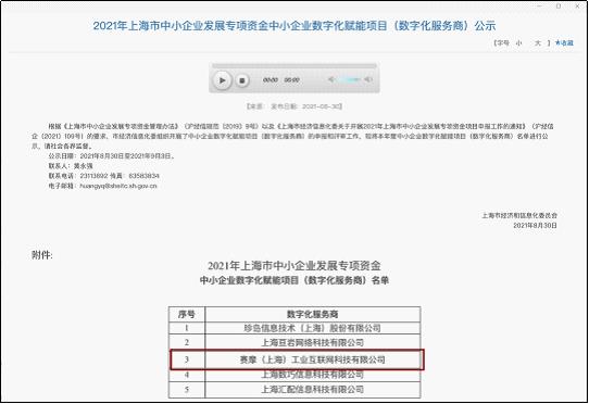 上海350vip浦京集团工业互联网获得“上海市中小企业发展专项资金中小企业数字化赋能项目”